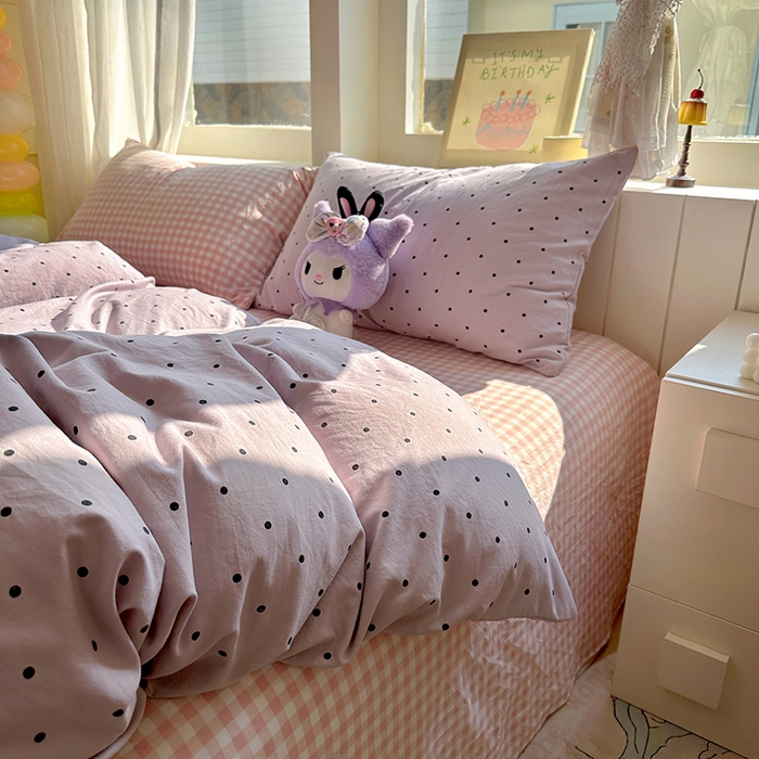 91家纺网 家纺一手货源 找家纺 冕悠家纺 2025新款少女心超柔加厚混搭格子水洗棉四件套（加微信提供买家秀 ） 紫点+粉格