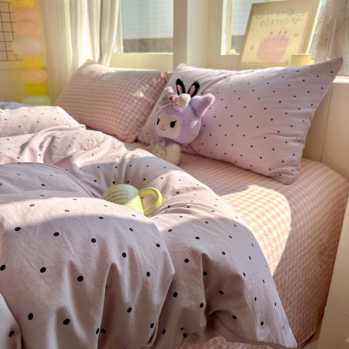 91家纺网 家纺一手货源 找家纺 冕悠家纺 2025新款少女心超柔加厚混搭格子水洗棉四件套（加微信提供买家秀 ） 紫点+粉格