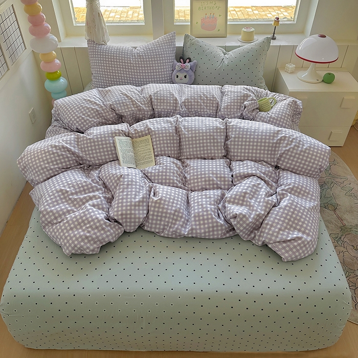 91家纺网 家纺一手货源 找家纺 冕悠家纺 2025新款少女心超柔加厚混搭格子水洗棉四件套（加微信提供买家秀 ） 紫格+蓝点