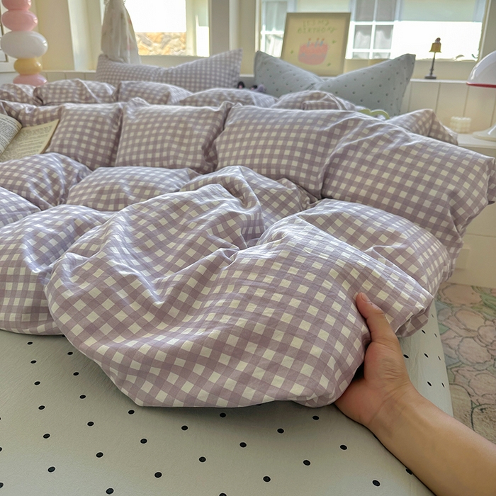 91家纺网 家纺一手货源 找家纺 冕悠家纺 2025新款少女心超柔加厚混搭格子水洗棉四件套（加微信提供买家秀 ） 紫格+蓝点