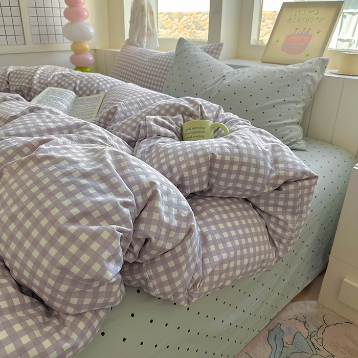 91家纺网 家纺一手货源 找家纺 冕悠家纺 2025新款少女心超柔加厚混搭格子水洗棉四件套（加微信提供买家秀 ） 紫格+蓝点