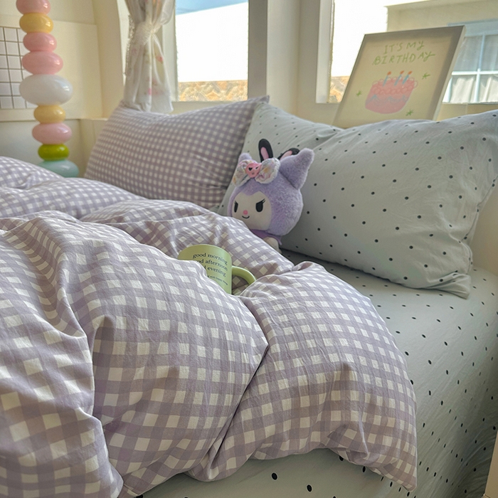 91家纺网 家纺一手货源 找家纺 冕悠家纺 2025新款少女心超柔加厚混搭格子水洗棉四件套（加微信提供买家秀 ） 紫格+蓝点