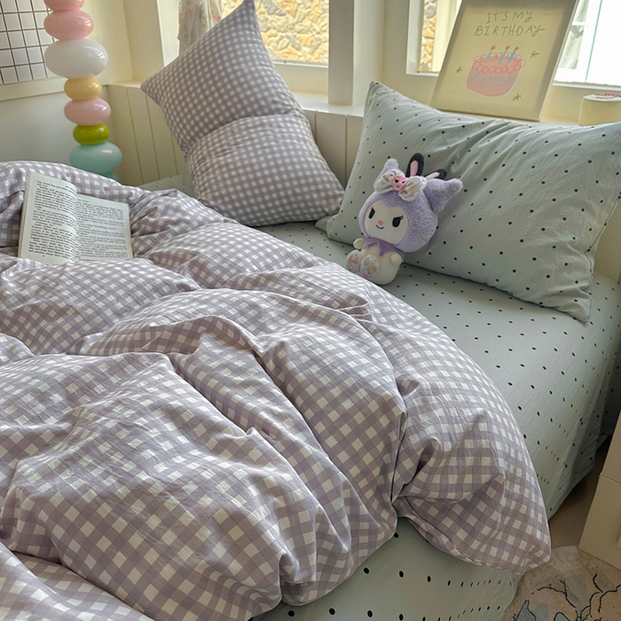 91家纺网 家纺一手货源 找家纺 冕悠家纺 2025新款少女心超柔加厚混搭格子水洗棉四件套（加微信提供买家秀 ） 紫格+蓝点