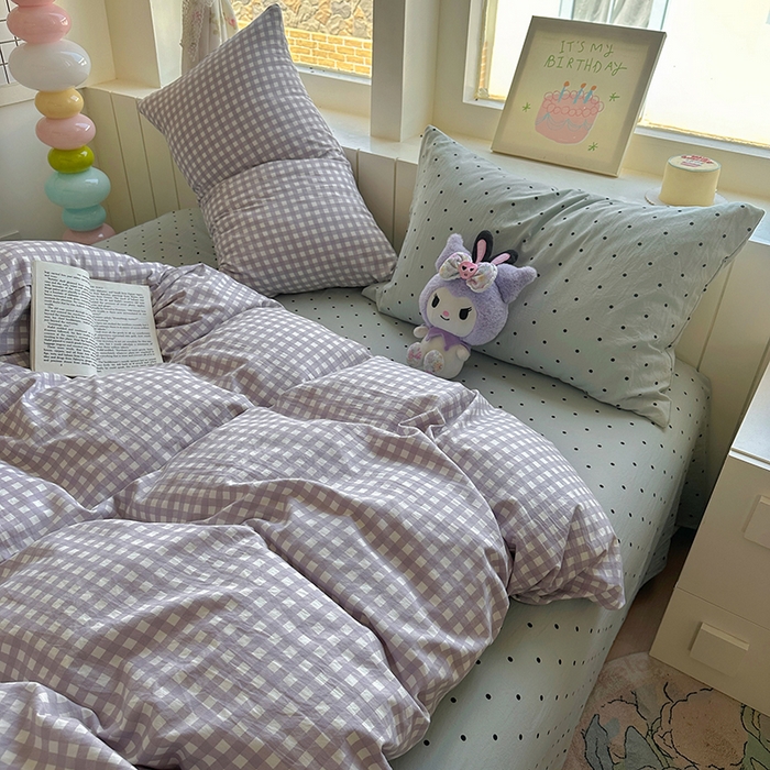 91家纺网 家纺一手货源 找家纺 冕悠家纺 2025新款少女心超柔加厚混搭格子水洗棉四件套（加微信提供买家秀 ） 紫格+蓝点