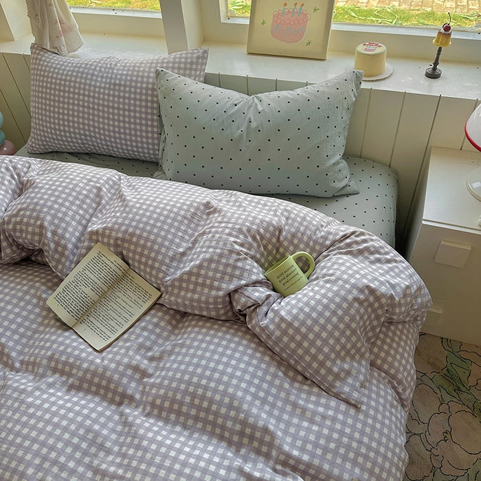 91家纺网 家纺一手货源 找家纺 冕悠家纺 2025新款少女心超柔加厚混搭格子水洗棉四件套（加微信提供买家秀 ） 紫格+蓝点