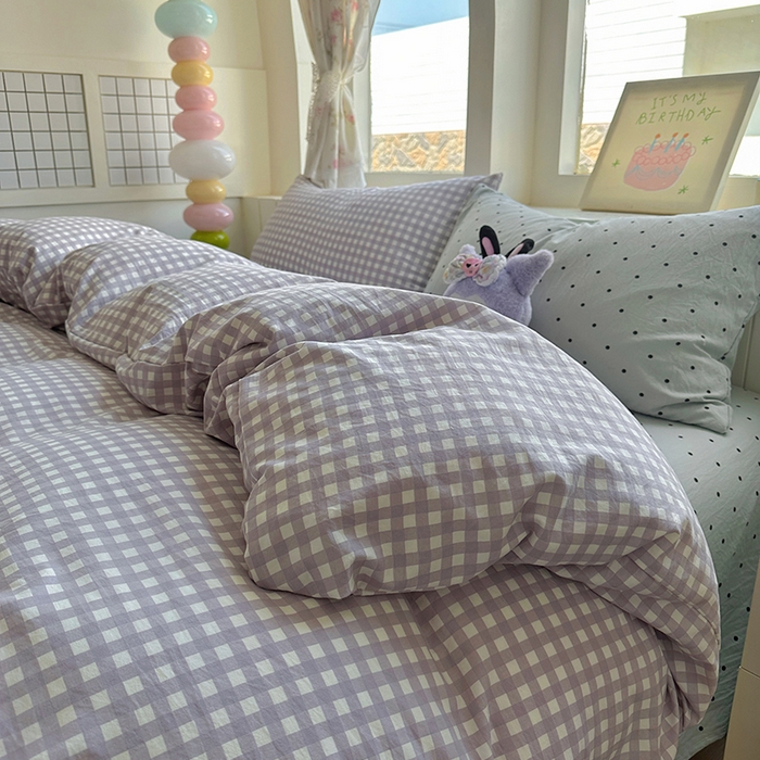 91家纺网 家纺一手货源 找家纺 冕悠家纺 2025新款少女心超柔加厚混搭格子水洗棉四件套（加微信提供买家秀 ） 紫格+蓝点