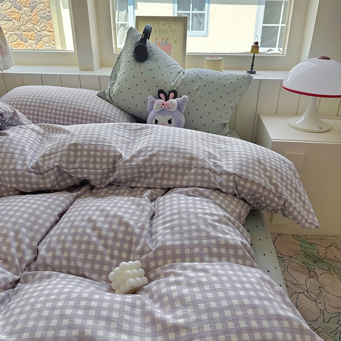 91家纺网 家纺一手货源 找家纺 冕悠家纺 2025新款少女心超柔加厚混搭格子水洗棉四件套（加微信提供买家秀 ） 紫格+蓝点