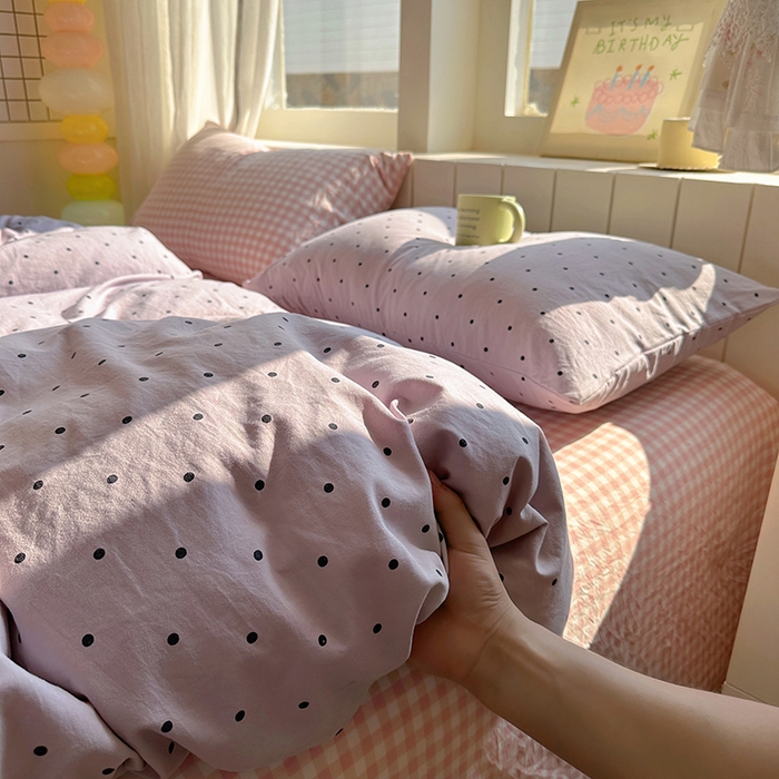 91家纺网 家纺一手货源 找家纺 冕悠家纺 2025新款少女心超柔加厚混搭格子水洗棉单品被套 紫点+粉格