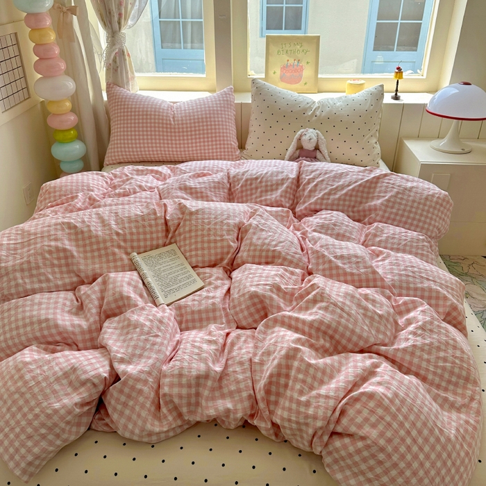 91家纺网 家纺一手货源 找家纺 冕悠家纺 2025新款少女心超柔加厚混搭格子水洗棉单品被套 粉格+米点