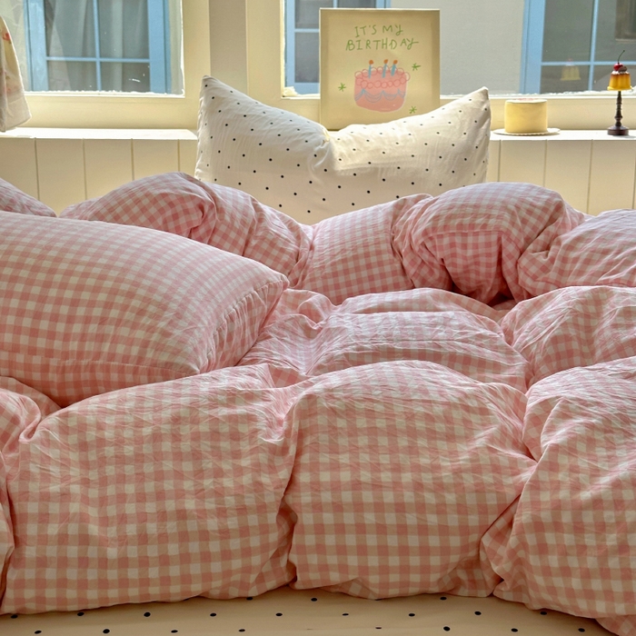 91家纺网 家纺一手货源 找家纺 冕悠家纺 2025新款少女心超柔加厚混搭格子水洗棉单品被套 粉格+米点