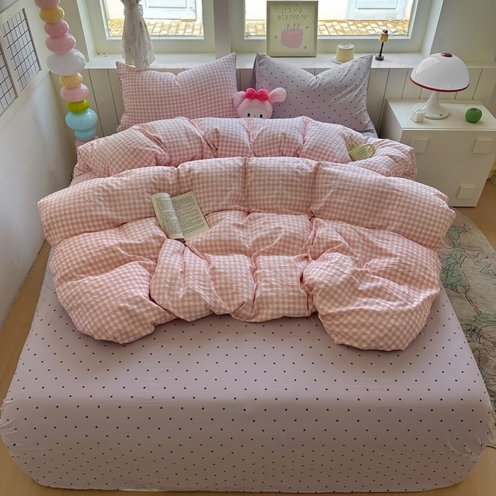 91家纺网 家纺一手货源 找家纺 冕悠家纺 2025新款少女心超柔加厚混搭格子水洗棉单品被套 粉格+紫点