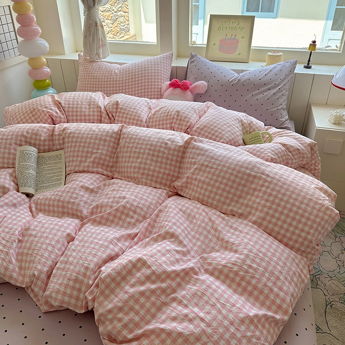 91家纺网 家纺一手货源 找家纺 冕悠家纺 2025新款少女心超柔加厚混搭格子水洗棉单品被套 粉格+紫点