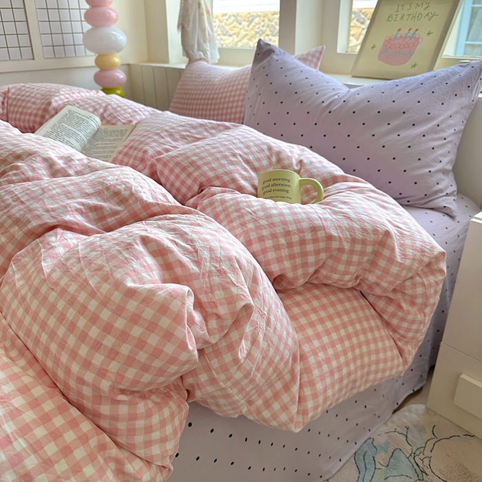 91家纺网 家纺一手货源 找家纺 冕悠家纺 2025新款少女心超柔加厚混搭格子水洗棉单品被套 粉格+紫点