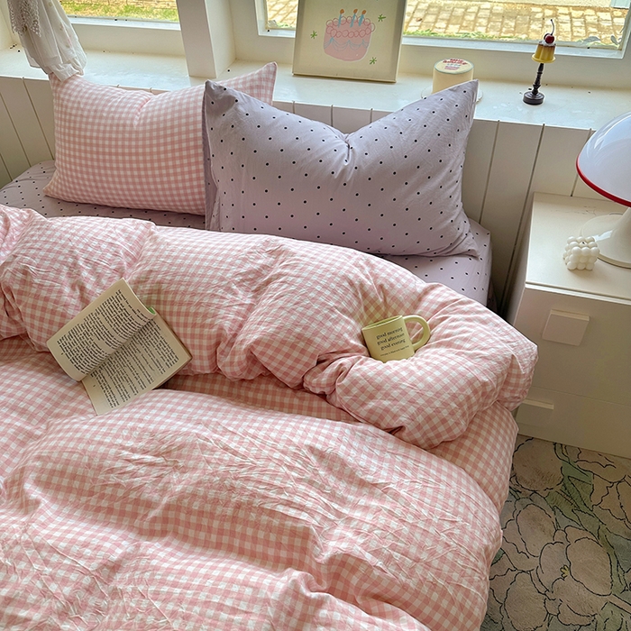 91家纺网 家纺一手货源 找家纺 冕悠家纺 2025新款少女心超柔加厚混搭格子水洗棉单品被套 粉格+紫点