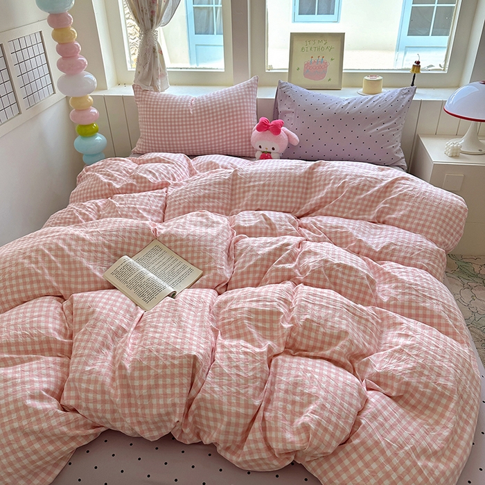 91家纺网 家纺一手货源 找家纺 冕悠家纺 2025新款少女心超柔加厚混搭格子水洗棉单品被套 粉格+紫点