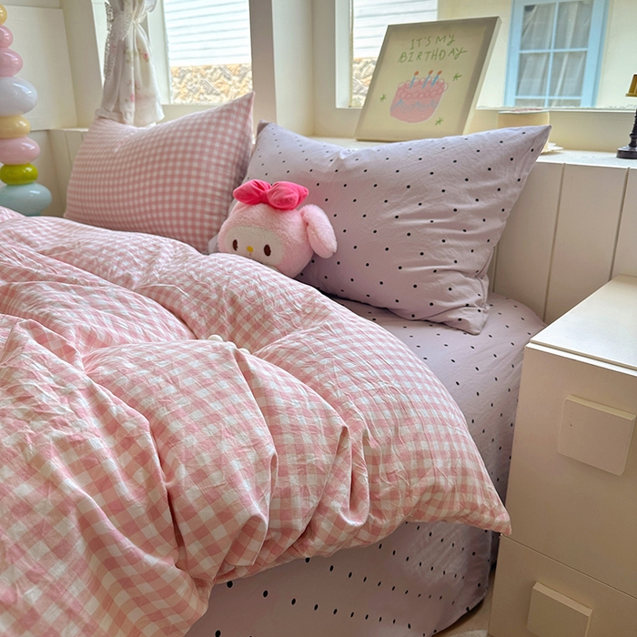 91家纺网 家纺一手货源 找家纺 冕悠家纺 2025新款少女心超柔加厚混搭格子水洗棉单品被套 粉格+紫点