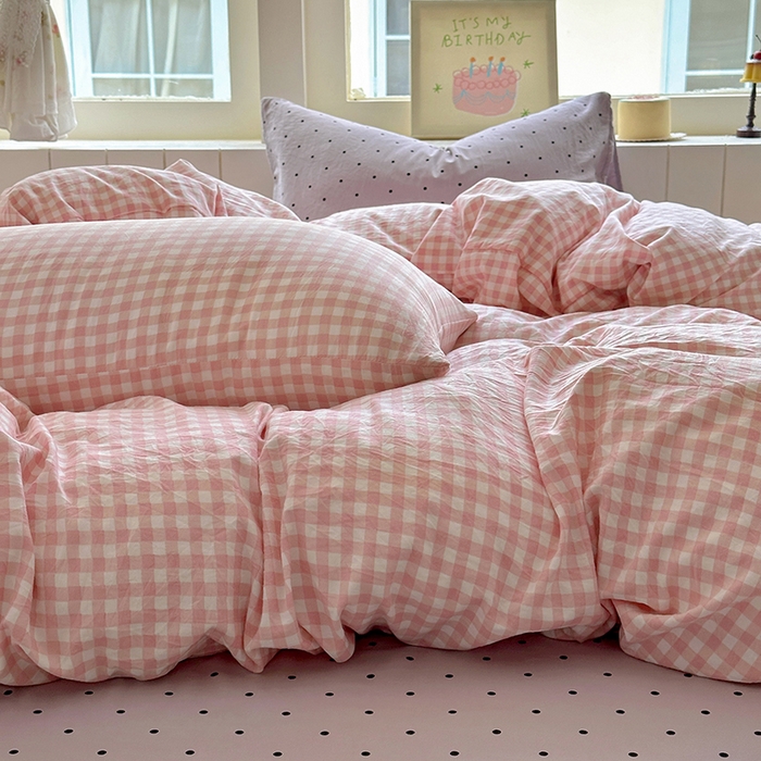 91家纺网 家纺一手货源 找家纺 冕悠家纺 2025新款少女心超柔加厚混搭格子水洗棉单品被套 粉格+紫点