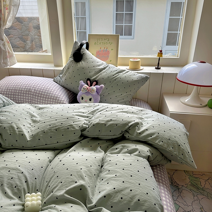 91家纺网 家纺一手货源 找家纺 冕悠家纺 2025新款少女心超柔加厚混搭格子水洗棉单品被套 蓝点+紫格