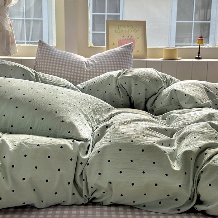 91家纺网 家纺一手货源 找家纺 冕悠家纺 2025新款少女心超柔加厚混搭格子水洗棉单品被套 蓝点+紫格