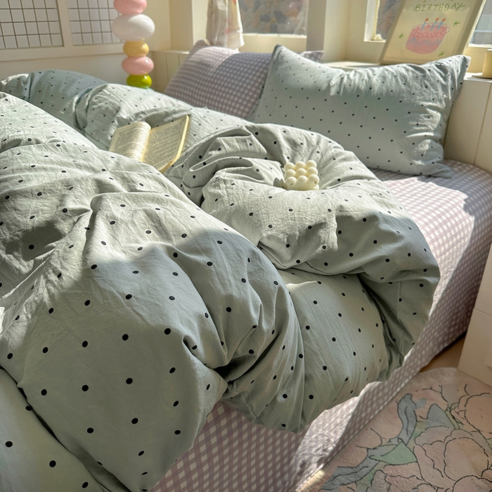 91家纺网 家纺一手货源 找家纺 冕悠家纺 2025新款少女心超柔加厚混搭格子水洗棉单品被套 蓝点+紫格