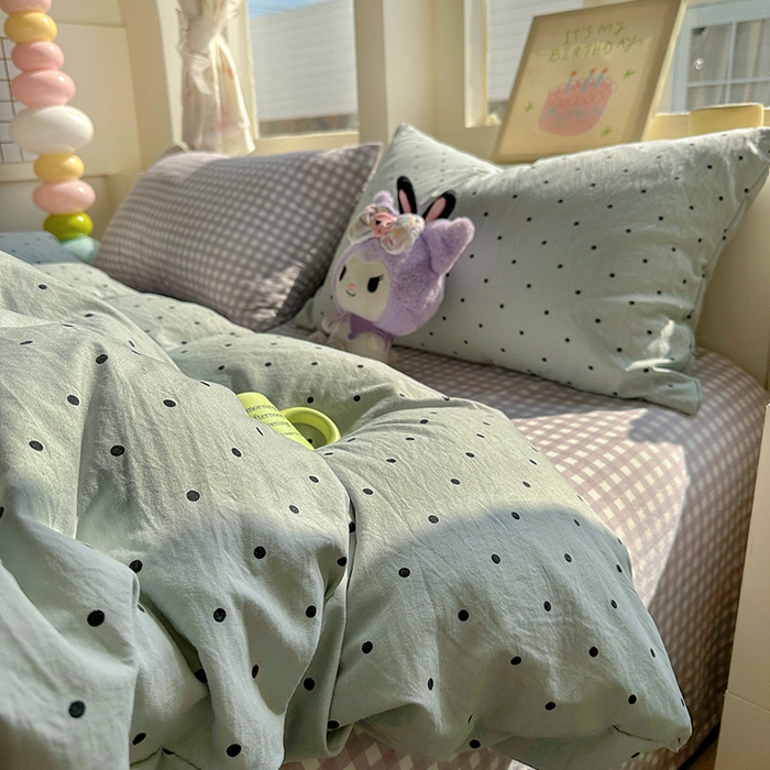 91家纺网 家纺一手货源 找家纺 冕悠家纺 2025新款少女心超柔加厚混搭格子水洗棉单品被套 蓝点+紫格