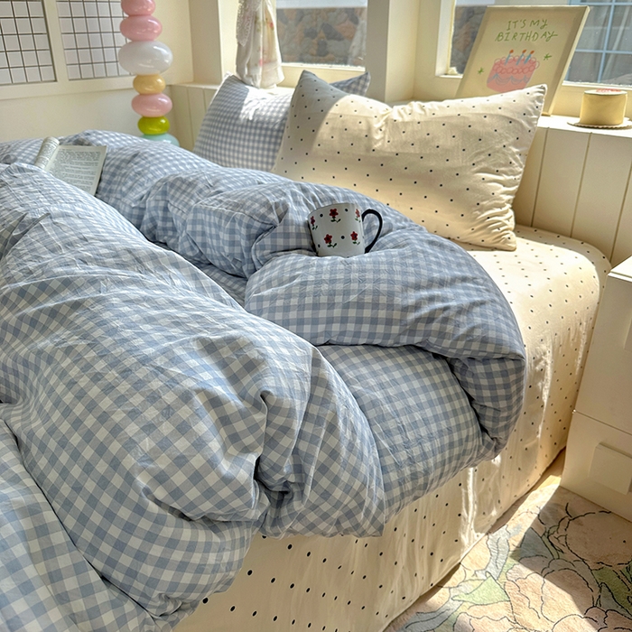 91家纺网 家纺一手货源 找家纺 冕悠家纺 2025新款少女心超柔加厚混搭格子水洗棉单品被套 蓝格+米点