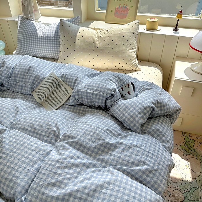 91家纺网 家纺一手货源 找家纺 冕悠家纺 2025新款少女心超柔加厚混搭格子水洗棉单品被套 蓝格+米点