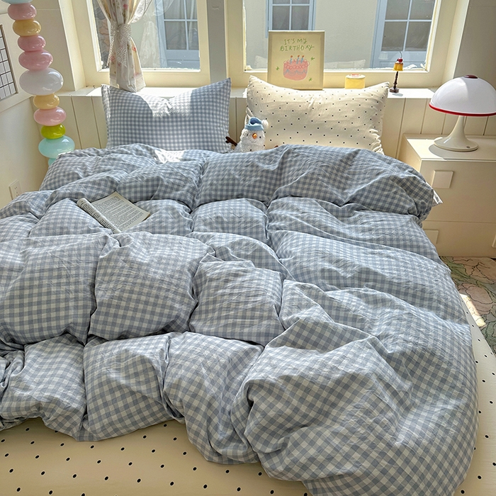 91家纺网 家纺一手货源 找家纺 冕悠家纺 2025新款少女心超柔加厚混搭格子水洗棉单品被套 蓝格+米点