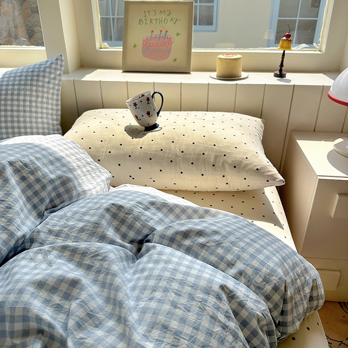 91家纺网 家纺一手货源 找家纺 冕悠家纺 2025新款少女心超柔加厚混搭格子水洗棉单品被套 蓝格+米点