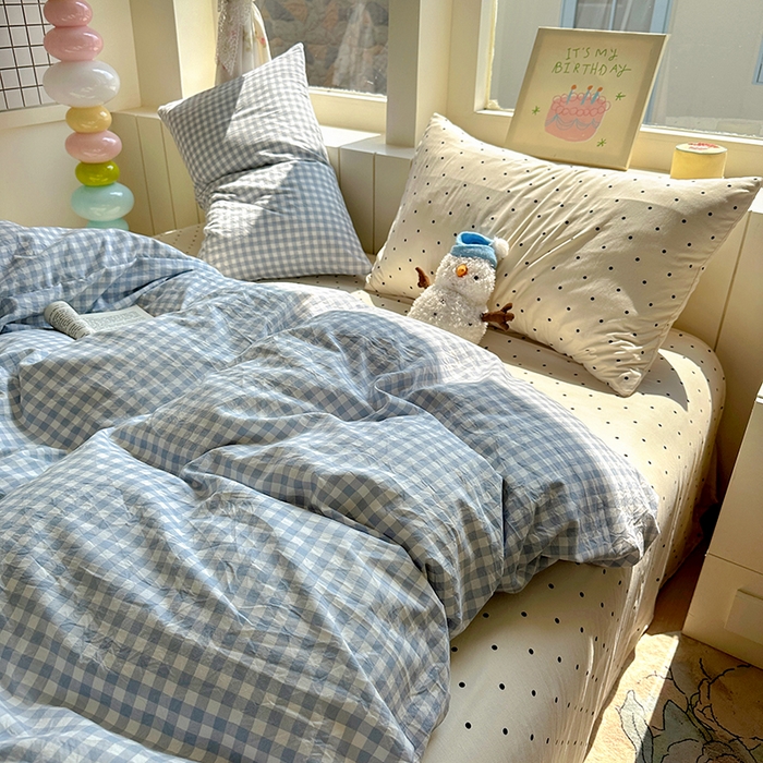 91家纺网 家纺一手货源 找家纺 冕悠家纺 2025新款少女心超柔加厚混搭格子水洗棉单品被套 蓝格+米点