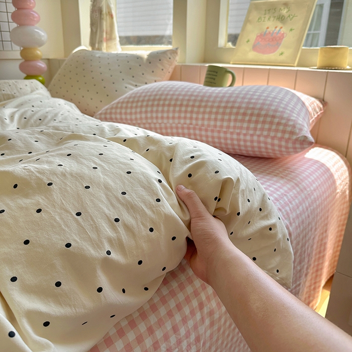 冕悠家纺 2025新款少女心超柔加厚混搭格子水洗棉单品被套 米点+粉格