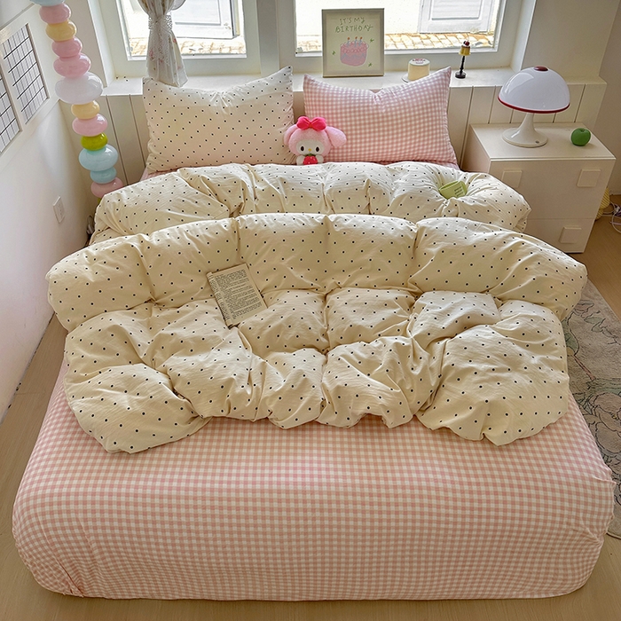 91家纺网 家纺一手货源 找家纺 冕悠家纺 2025新款少女心超柔加厚混搭格子水洗棉单品被套 米点+粉格