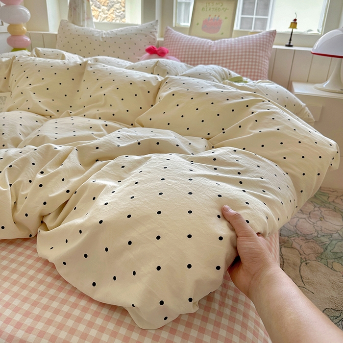 91家纺网 家纺一手货源 找家纺 冕悠家纺 2025新款少女心超柔加厚混搭格子水洗棉单品被套 米点+粉格