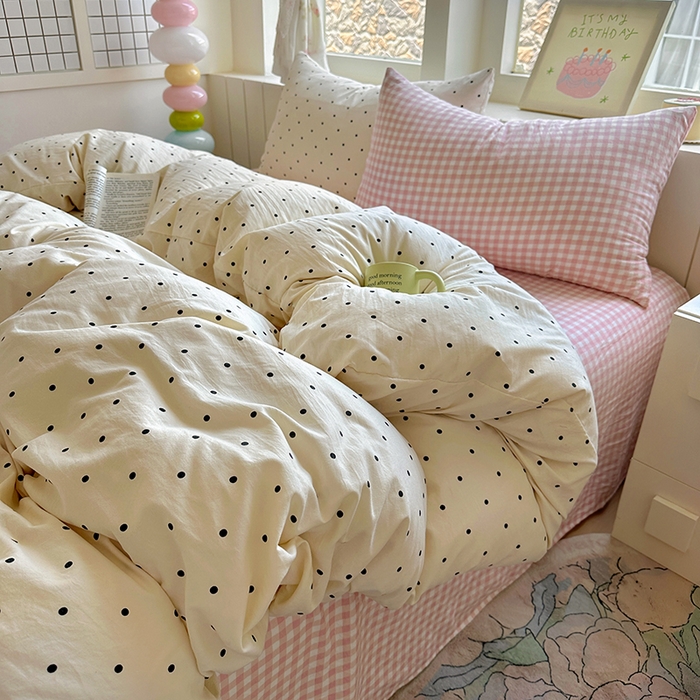 91家纺网 家纺一手货源 找家纺 冕悠家纺 2025新款少女心超柔加厚混搭格子水洗棉单品被套 米点+粉格