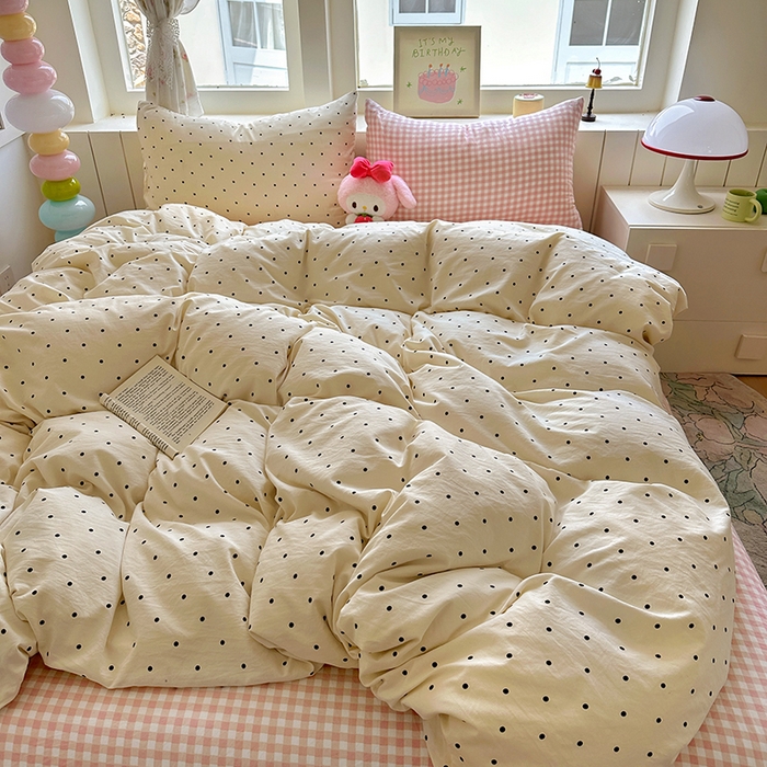 91家纺网 家纺一手货源 找家纺 冕悠家纺 2025新款少女心超柔加厚混搭格子水洗棉单品被套 米点+粉格