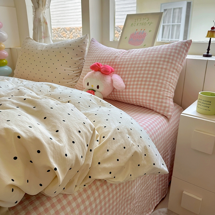 91家纺网 家纺一手货源 找家纺 冕悠家纺 2025新款少女心超柔加厚混搭格子水洗棉单品被套 米点+粉格