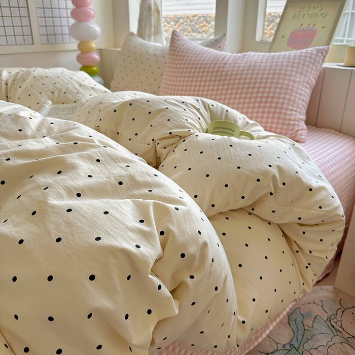 91家纺网 家纺一手货源 找家纺 冕悠家纺 2025新款少女心超柔加厚混搭格子水洗棉单品被套 米点+粉格