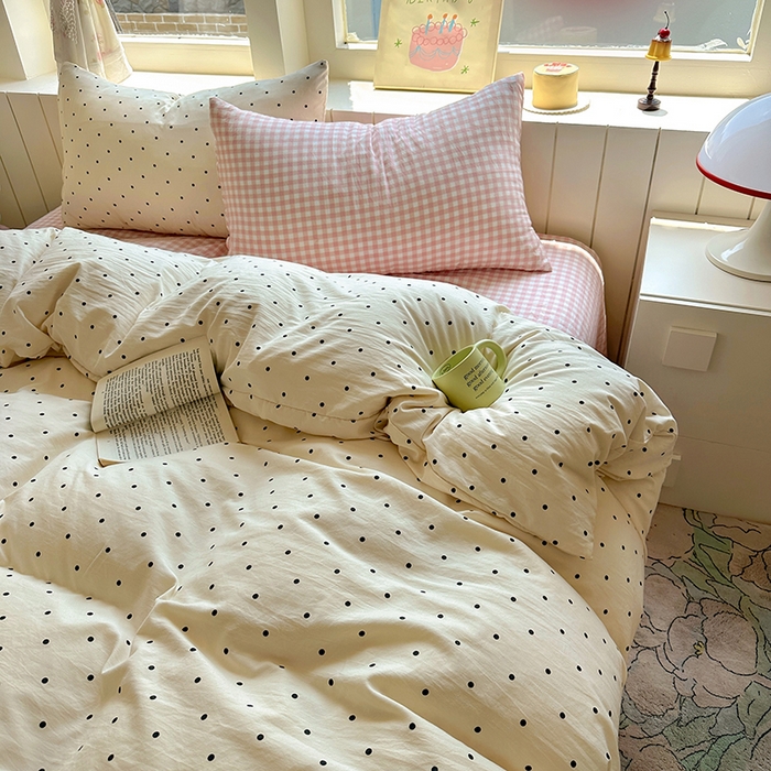 91家纺网 家纺一手货源 找家纺 冕悠家纺 2025新款少女心超柔加厚混搭格子水洗棉单品被套 米点+粉格