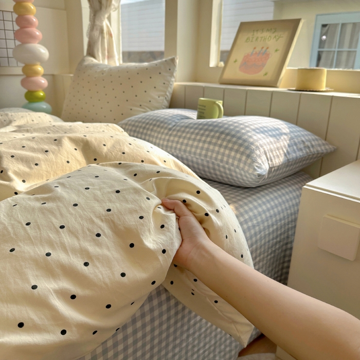 冕悠家纺 2025新款少女心超柔加厚混搭格子水洗棉单品被套 米点+蓝格