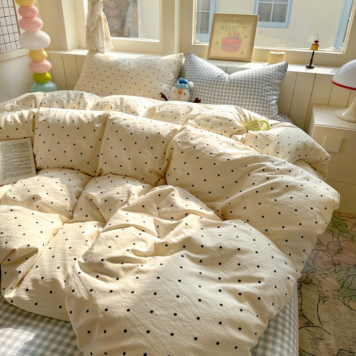 91家纺网 家纺一手货源 找家纺 冕悠家纺 2025新款少女心超柔加厚混搭格子水洗棉单品被套 米点+蓝格