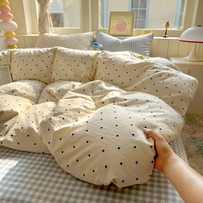 91家纺网 家纺一手货源 找家纺 冕悠家纺 2025新款少女心超柔加厚混搭格子水洗棉单品被套 米点+蓝格