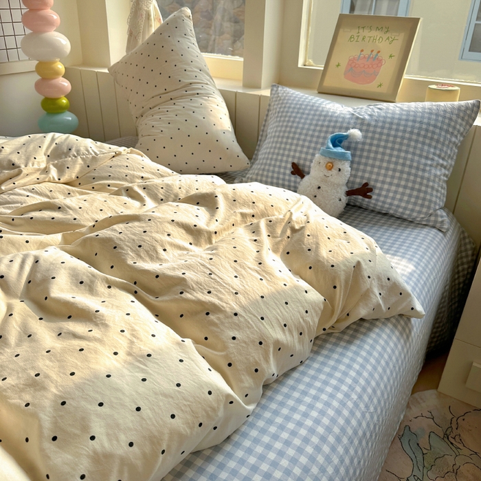 91家纺网 家纺一手货源 找家纺 冕悠家纺 2025新款少女心超柔加厚混搭格子水洗棉单品被套 米点+蓝格