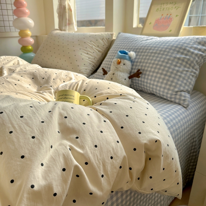 91家纺网 家纺一手货源 找家纺 冕悠家纺 2025新款少女心超柔加厚混搭格子水洗棉单品被套 米点+蓝格
