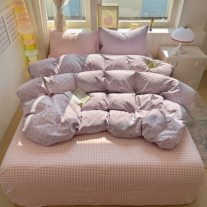 91家纺网 家纺一手货源 找家纺 冕悠家纺 2025新款少女心超柔加厚混搭格子水洗棉单品被套 紫点+粉格