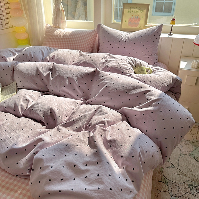 91家纺网 家纺一手货源 找家纺 冕悠家纺 2025新款少女心超柔加厚混搭格子水洗棉单品被套 紫点+粉格