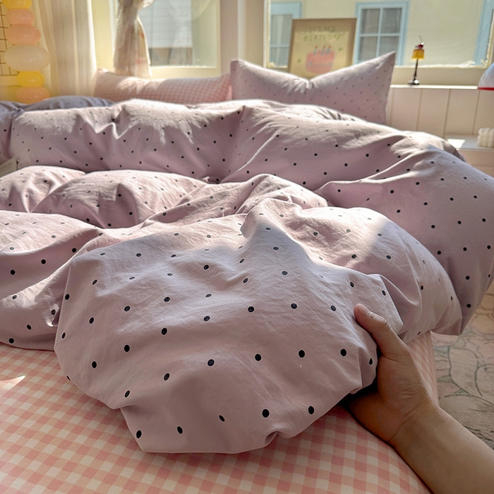 91家纺网 家纺一手货源 找家纺 冕悠家纺 2025新款少女心超柔加厚混搭格子水洗棉单品被套 紫点+粉格
