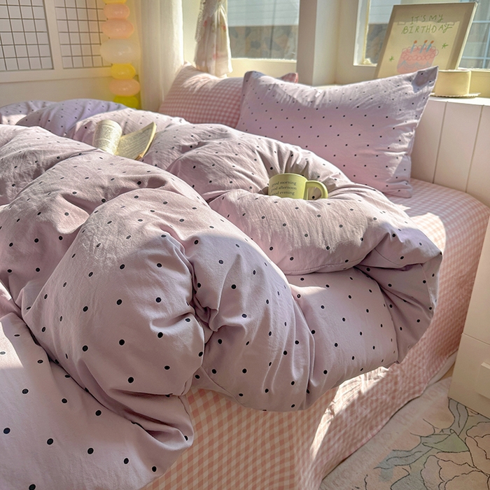 91家纺网 家纺一手货源 找家纺 冕悠家纺 2025新款少女心超柔加厚混搭格子水洗棉单品被套 紫点+粉格