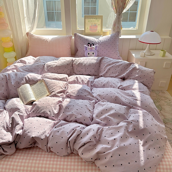 91家纺网 家纺一手货源 找家纺 冕悠家纺 2025新款少女心超柔加厚混搭格子水洗棉单品被套 紫点+粉格