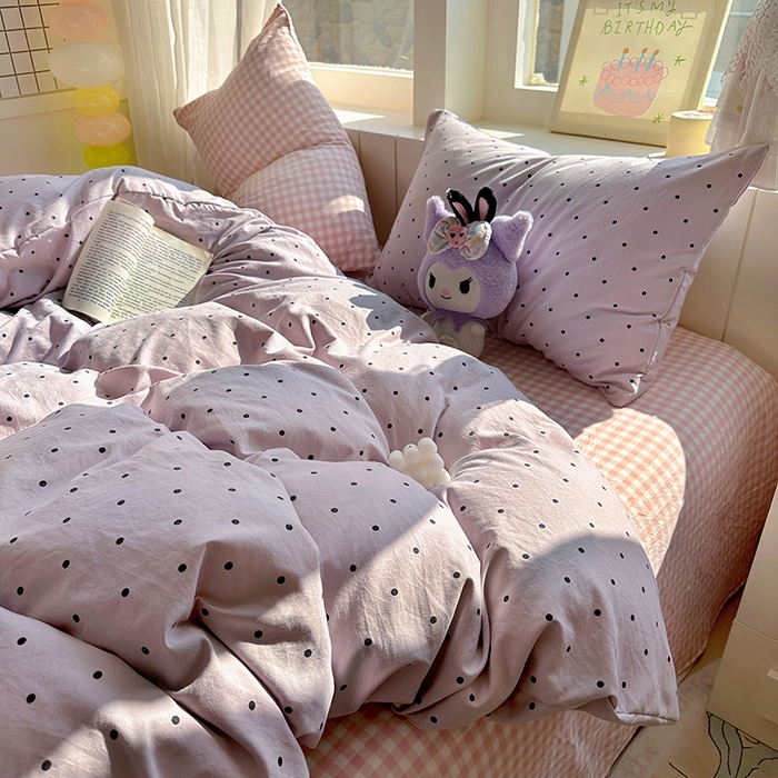 91家纺网 家纺一手货源 找家纺 冕悠家纺 2025新款少女心超柔加厚混搭格子水洗棉单品被套 紫点+粉格
