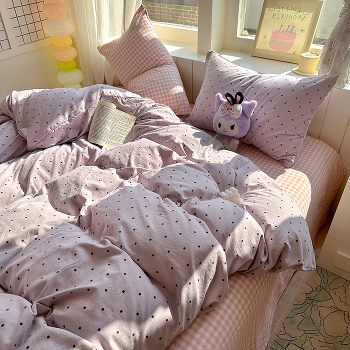 91家纺网 家纺一手货源 找家纺 冕悠家纺 2025新款少女心超柔加厚混搭格子水洗棉单品被套 紫点+粉格